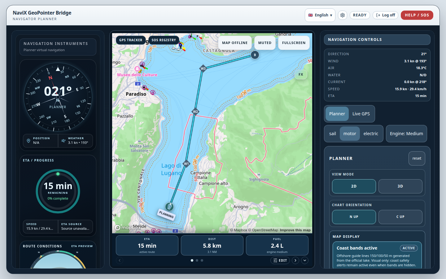 GeoPointer Water-Only Nautical Route Planner on Lake Lugano