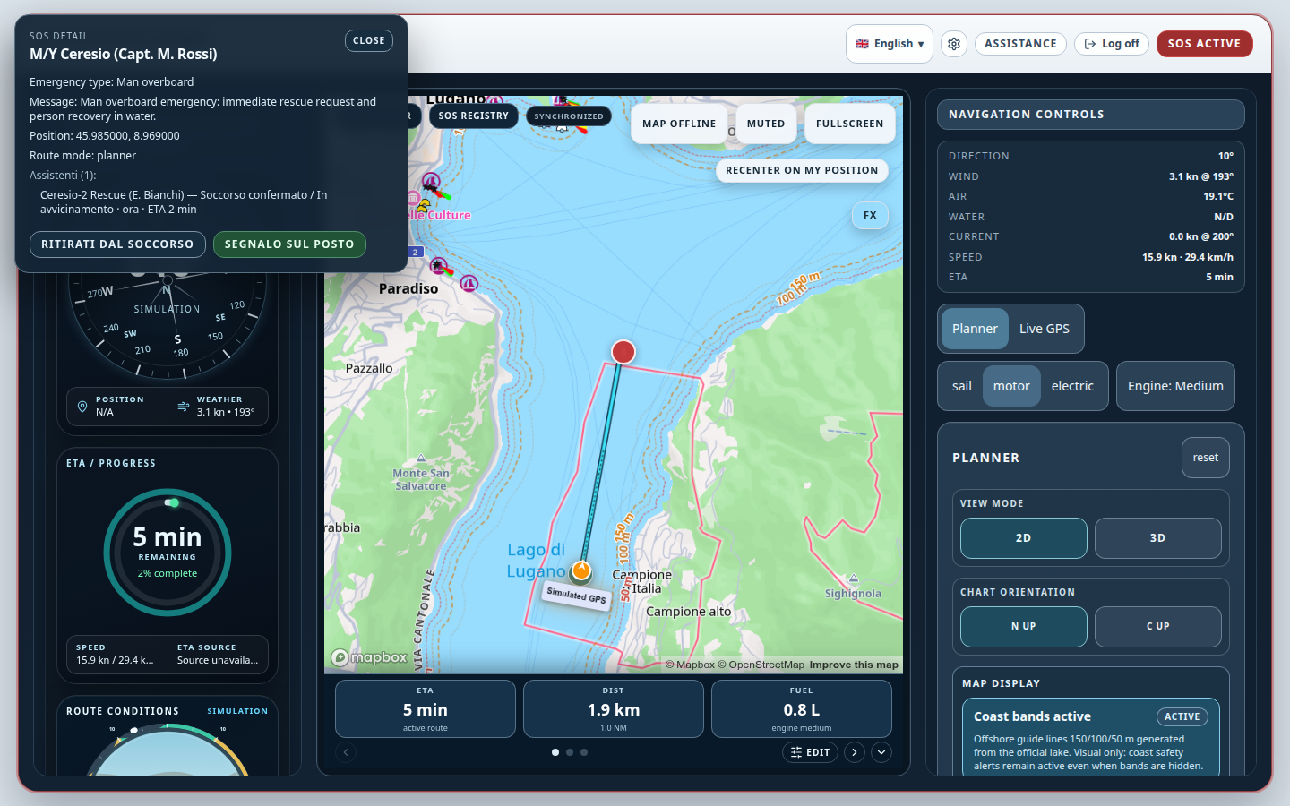 GeoPointer Two-User SOS Assistance & Water-Only Approach on Lake Lugano